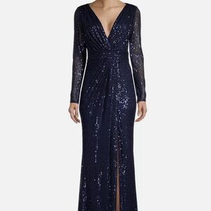 New IEENA Mac Duggal Blue V-Neck Long Sleeve Sequin Evening Dress 26490 Size 18